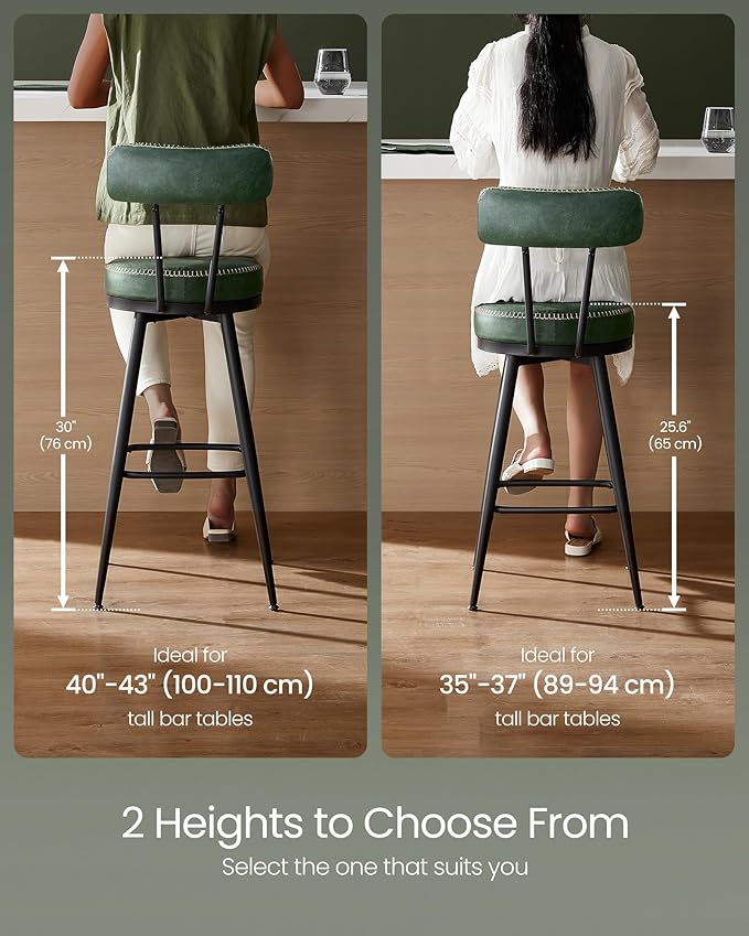 VASAGLE EKHO Collection - Bar Stools Set of 2, Swivel Counter Height Bar Stools with Back, Synthetic Leather with Stitching, Mid-Century Modern, 25.6-Inch Tall Barstools for Kitchen Bar, Forest Green