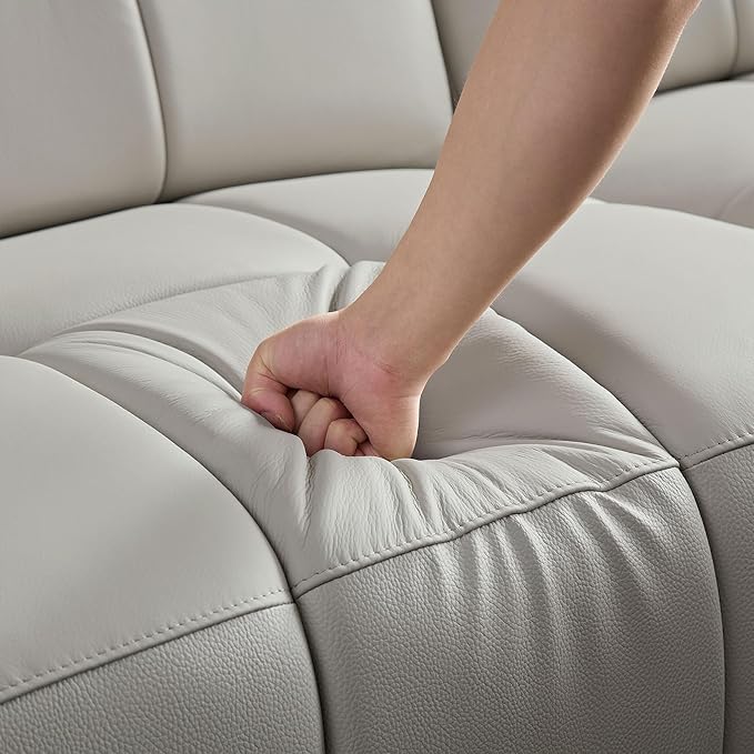 KEIKI 113" L-Shaped Genuine Leather Wall-Hugger Reclining Sofa with Right Chaise, Adjustable Backrest & Footrest, Modern Style Electric Control 3-Seater Couch with USB, for Living Room, Light Grey