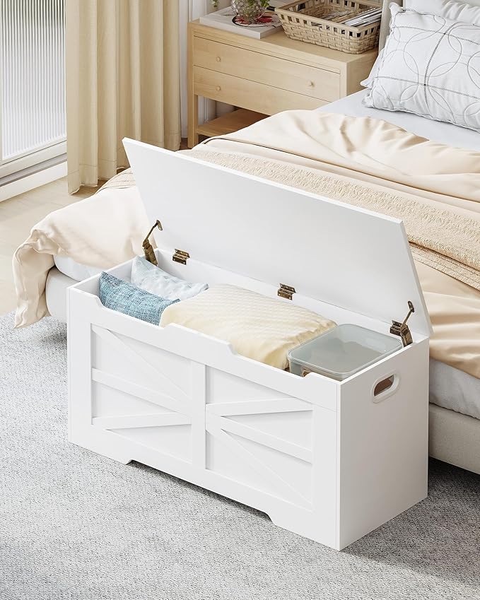 39.4" Storage Chest, Extra Large Storage Trunk with 2 Hinges, Wooden Box Bench, Lift-Top Organizer Chest, Shoe Bench for Entryway, Bedroom, Living Room, White SB03403X