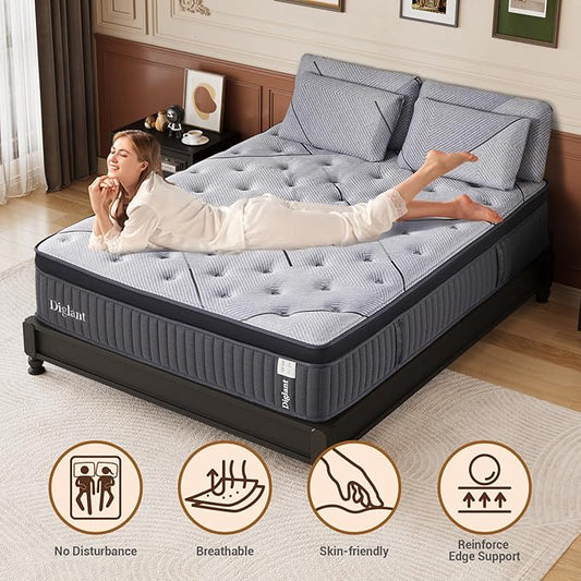 TwinXL Mattress, 14Inch Cooling Gel Memory Hybrid Medium Mattress, TwinXL Size Individual Pocket Spring Mattress in Box, None of Fiberglass