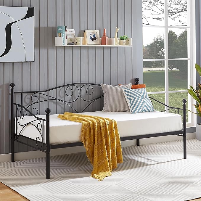 VECELO Daybed Frame, Twin Size Metal Platform Bed with Headboard,Heavy Duty Steel Slats Support for Living Room Bedroom Guest Room, Easy Assembly