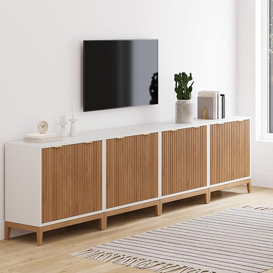 Nathan James Jasper Modern Sideboard, TV Stand with Fluted Doors, Accent Storage for Kitchen or Living Room, White/Warm Pine, Set of 4