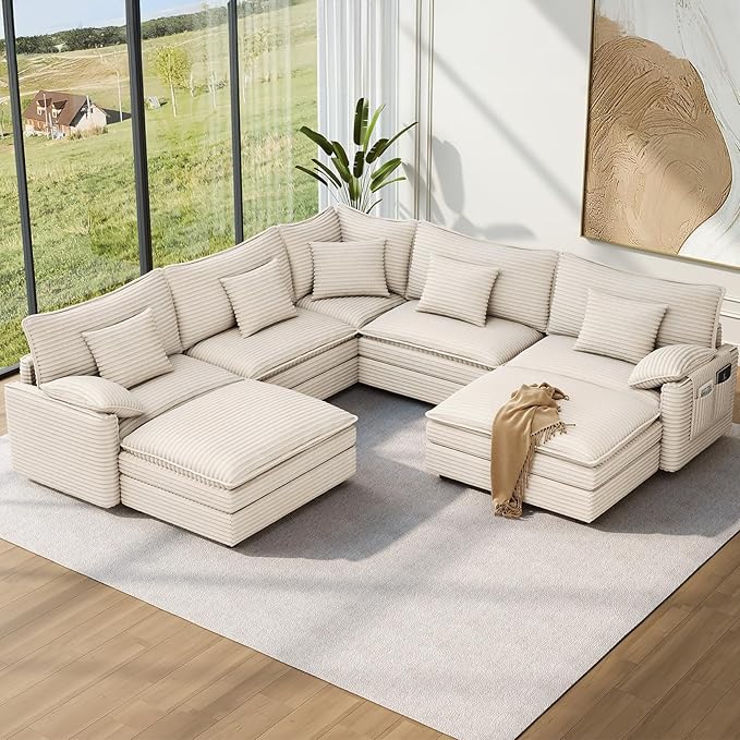 Vesgantti 101" V-Shaped Corner Couch Sectional, 7 Seat Customizable Modular Cloud Couches with Movable Ottoman, Corduroy Deep Seat Sofa Set with Chaise for Living Room, Bedroom and Apartment, Beige | Sink-in Comfort, Height Adjustable, Easy Rearrangeme...