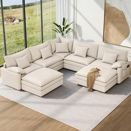 Vesgantti 101" V-Shaped Corner Couch Sectional, 7 Seat Customizable Modular Cloud Couches with Movable Ottoman, Corduroy Deep Seat Sofa Set with Chaise for Living Room, Bedroom and Apartment, Beige | Sink-in Comfort, Height Adjustable, Easy Rearrangeme...