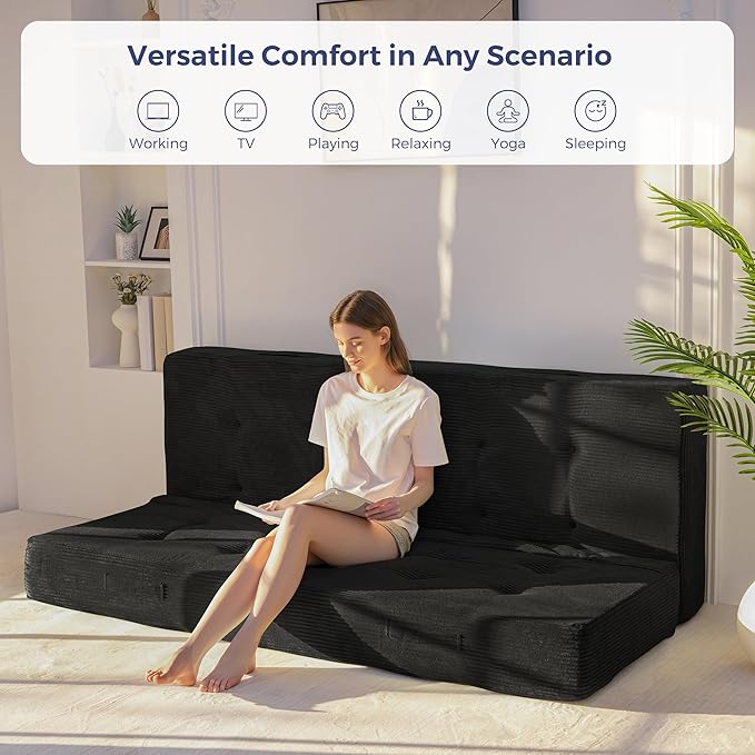 MAXYOYO 8" Foldable Floor Sofa Bed, Tufted Foldable Couch Bed Thick Folding Mattress with Handles, Versatile Folding Sofa Couch for Floor Sleeping, Living Room & Guest Room, Black