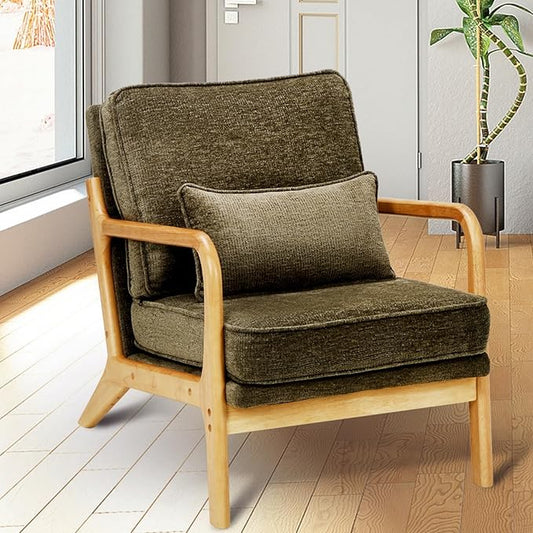 Modern Accent Chair with Lumbar Pillow, Relaxing Mid Century Chair Armchair with Solid Wood Frame & Soft Cushion, Reading Leisure Armchair for Living Room, Green