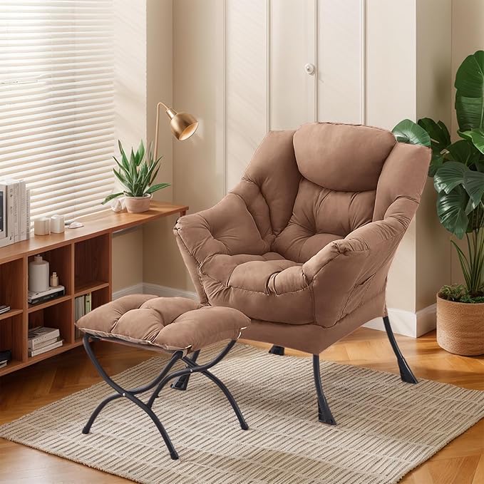 Lazy Chair with Ottoman, Large Khaki Accent Chair with Ottoman, Comfy Reading Armchair, Leisure Sofa Chair for Living Room, Bedroom, Dorm Room, Office