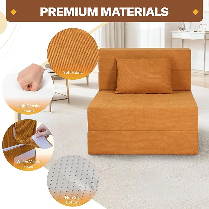 Fvkind Folding Sofa Bed, 4 in 1 Convertible Fold Out Single Chair Bed with Pillow, Memory Foam Futon Chair, Foldable Futon Couch, Foldable Sofa Mattress for Living Room, Bedroom, Guest Room, Yellow