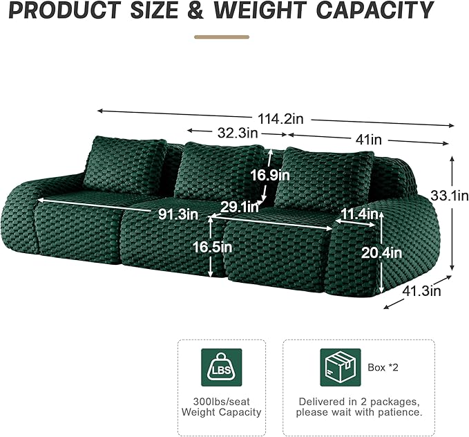 KEIKI 114" Oversized 3-Seater Boneless Couches for Living Room, Deep Seat Modular Sectional Velvet Sofa, Soft Cloud Cushion No Assembly Lounge Couch for Apartment Home, Modern Comfort Design, Green