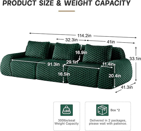 KEIKI 114" Oversized 3-Seater Boneless Couches for Living Room, Deep Seat Modular Sectional Velvet Sofa, Soft Cloud Cushion No Assembly Lounge Couch for Apartment Home, Modern Comfort Design, Green