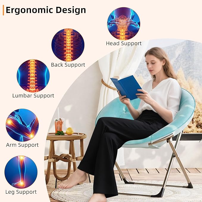 Comfy Oversized Saucer Chair, Soft Furry Padded Accent Lazy Sofa Chair for Adults, X-Large Metal Frame Folding Lounger for Bedroom, Living Room, Home Office, Blue+Gold