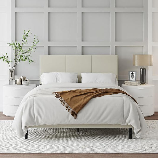 Full Size Bed Frame with Upholstered Headboard, Sturdy Wood Slats, No Box Spring Required, Silent, Easy Assembly,Beige