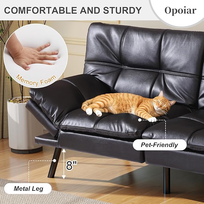 Opoiar Black Leather Futon Sofa Bed Convertible Memory Foam Couch Bed Futon Sets Folding Modern Sleeper Sofa Loveseat for Studio,Drom,Apartment,Game Room and Small Space