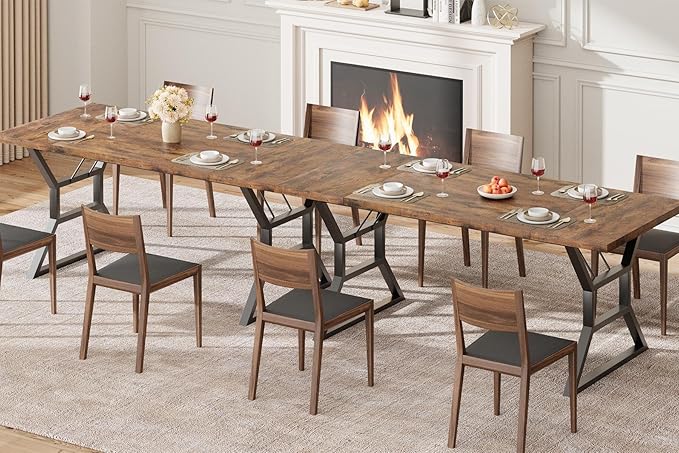 Garvee 79 Inch Dinning Table for 6-8, Farmhouse Kitchen Table with Unique Shaped Legs and Large Tabletop, Industrial Wood Dining Table for Living Room, Kitchen, Dining Room