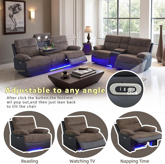 A Ainehome 2 Pieces Living Room Furniture Sets, Power Recliner Sofa Set with LED, Corduroy Reclining Sofa Sectional Couches for Living Room with USB Port/Storage Console/Cup Holders
