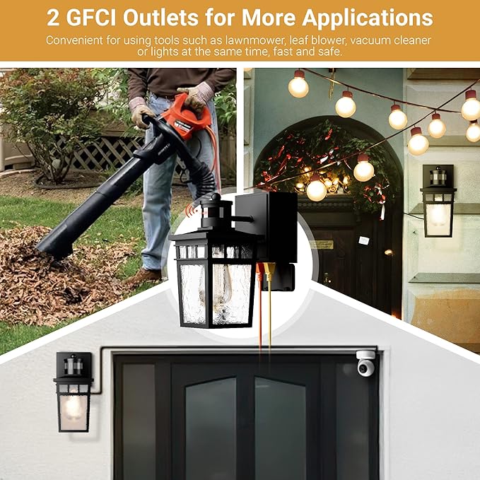 2 Pack Porch Light Outdoor with GFCI Outlet - 3 Lighting Modes Exterior Light Fixture, Dusk to Dawn Motion Sensor Wall Mount Outside Lights for House,Garage,Front Door, Patio