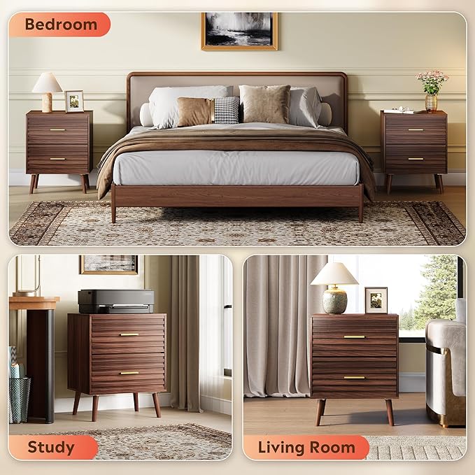 WLIVE Mid Century Modern Nightstand, Fluted Wood Bedside Table with Two Drawers, Brown Night Stand for Bedroom