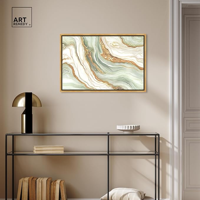 Art Remedy Green And Gold Framed Mineral, Agate & Geode 1 Piece Canvas Wall Art, 31.5" x 21.5", Gold Frame