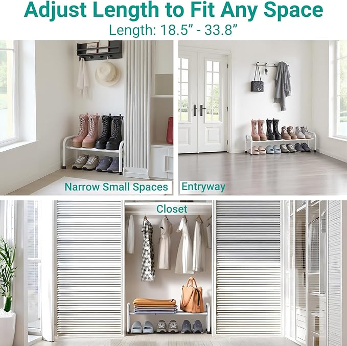 1-Tier Expandable Shoe Rack for Closet Floor, Λ-Frame Metal Small Shoe Rack for Entryway, Adjustable Shoe Shelf Organizer, Free Standing Shoe Racks for Front Door Entrance, Garage - White
