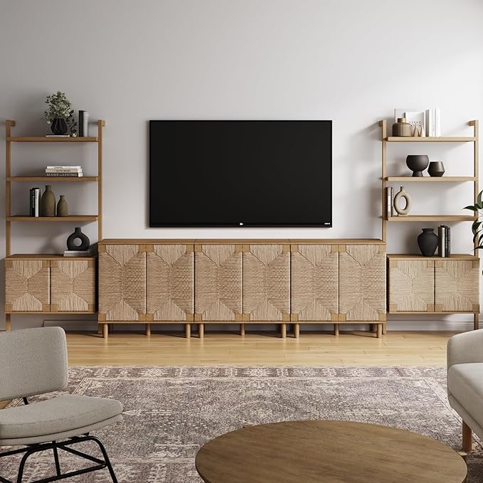 Nathan James Beacon Bohemian TV Stand, TV Wall Unit with Shelves and Accent Storage Cabinet with Solid Wood Legs and Seagrass Door Fronts, Light Brown