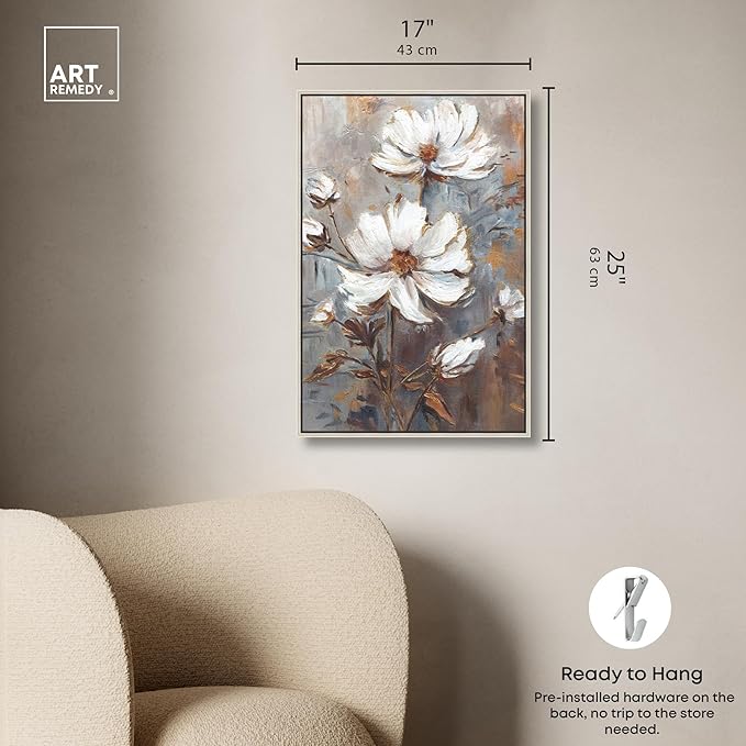 Art Remedy White Textured Flowers Canvas Elegant Floral Wall Art, Silver Frame, 16" x 24"