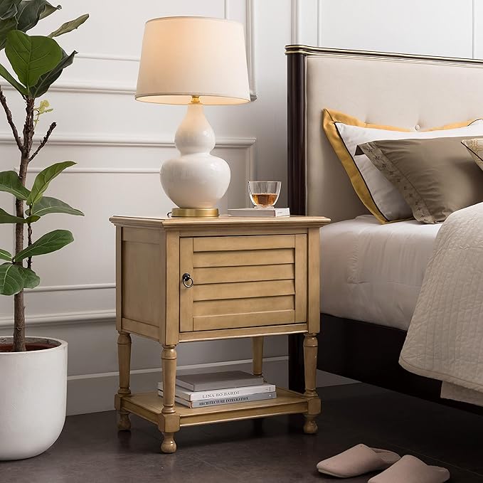 Leick Home Louvered Nightstand, Solid Wood, with USB-C Charging, 1 Door, Desert Sand, 9071-DS
