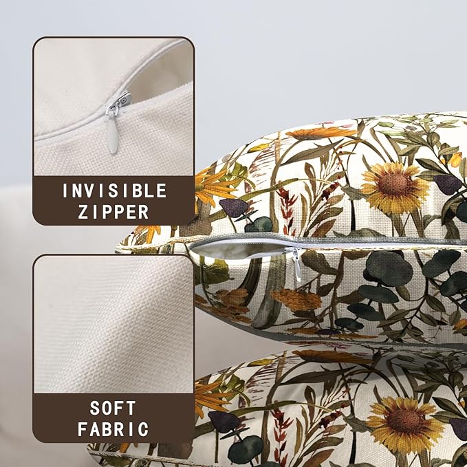 Fall Floral Outdoor Pillow Covers 18x18 Set of 2 Burnt Orange Wild Flowers Throw Pillows Case Autumn Colored Wildflower Decorative Farmhouse Cushion Covers for Sofa Couch
