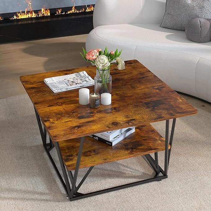 Elephance Square Coffee Table with 2-Tier Storage, 31.5 Inch Modern Tea Table for Living Room, Caramel Brown Wooden Tabletop-Almond with Black Frame