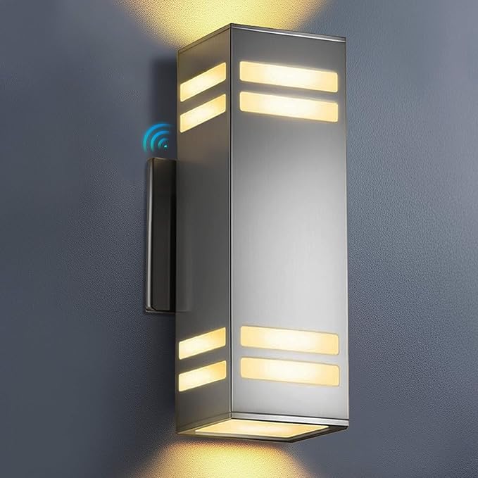 KIZON Modern Dusk to Dawn Outdoor Wall Light, Stainless Steel Up and Down Sconce with E26 Base, Includes 3000K Bulbs, Waterproof Exterior Lighting Fixture for House Porch Garage Entryway
