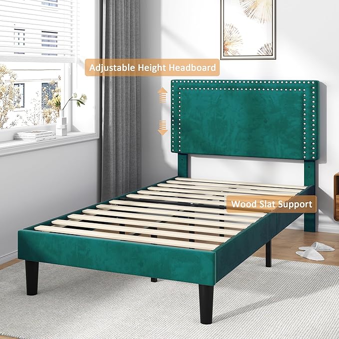 Twin Size Platform Bed Frame with Height Adjustable Upholstered Headboard, Modern Mattress Foundation,Strong Wood Slat Support, No Box Spring Needed, Easy Assembly
