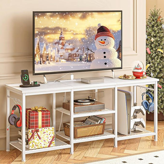 YGEOMER Entertainment Center for 55 inch TVs, TV Stand with Power Outlet and Open Storage Shelves, TV Media Console Table for Living Room and Bedroom, White