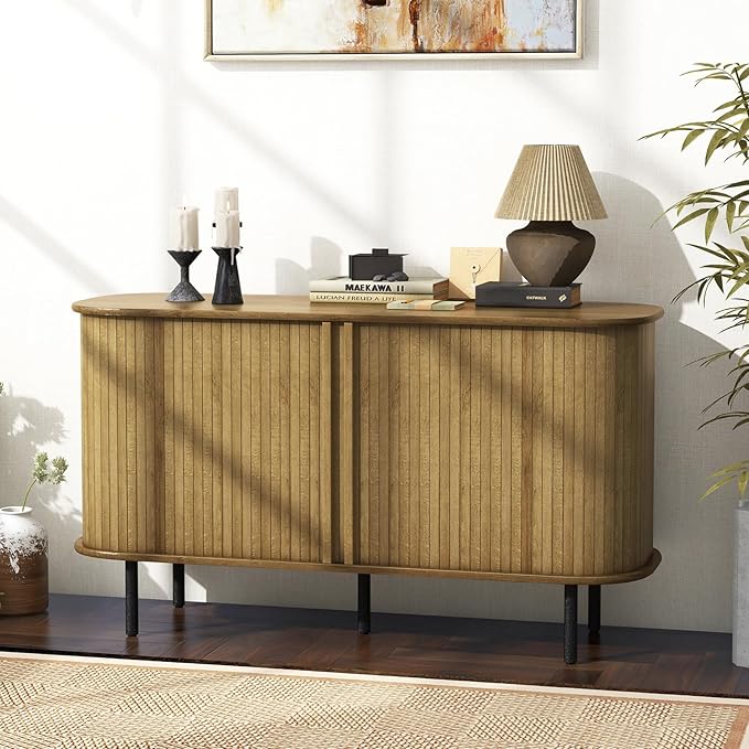 Giantex Kitchen Storage Cabinet, 47” Buffet Cabinet with Storage, Wooden Sideboard w/ 2 Sliding Tambour Doors, Adjustable Shelves, Credenza for Living Room Dining Room, Console Table for Entryway
