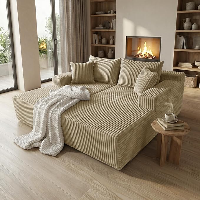 Sytopia Loveseat Chaise Lounge with Armrests, Oversized Sofa Bed with 4 Pillows, Cozy Boneless Sleeper, Modular Sectional Couch for Living Room Bedroom, Floor Chair Furniture sala Corduroy