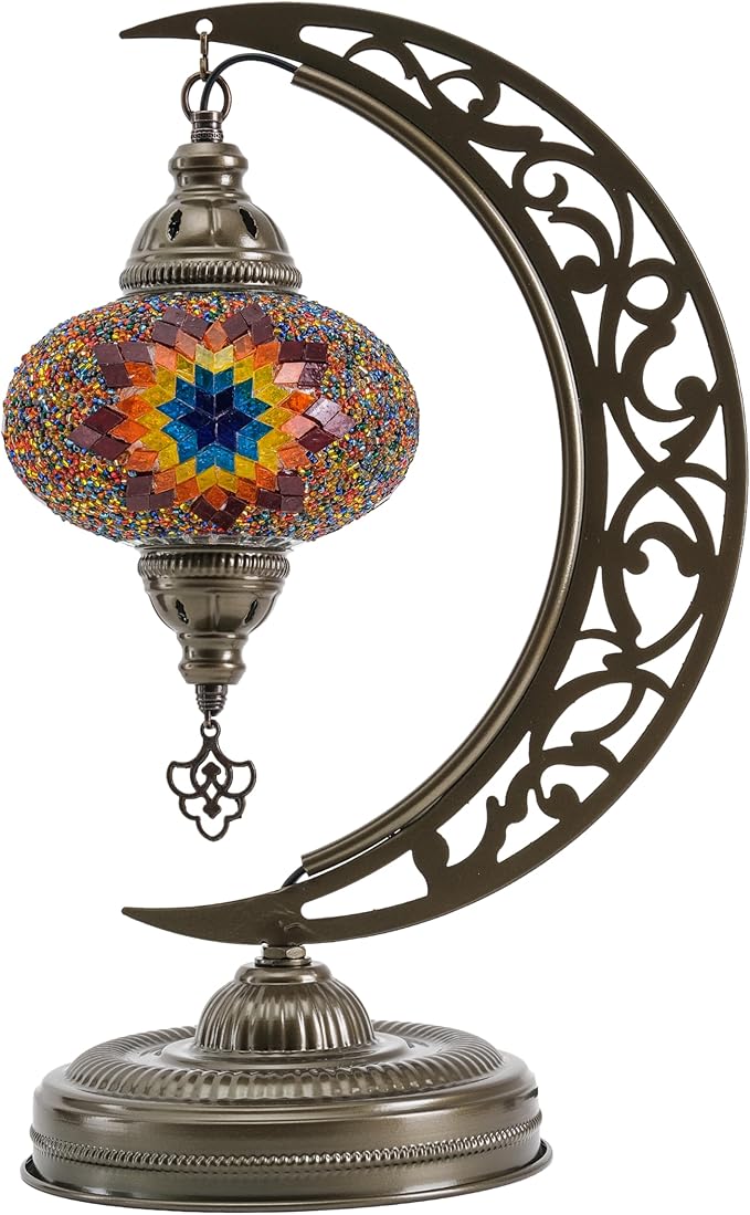 Mozaist Turkish Tiffany Style Moon Shape Table Lamp, Moroccan Mosaic Crescent Handcraft Desk Light, Rustic Stained Glass Dining Room, Bedside Colorful Home Decor with E12 Socket & US Plug (Sunflower)