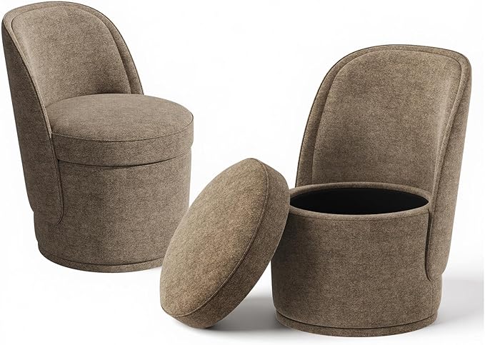 Swivel Accent Chair Set of 2, 360° Swivel Round Chair with Hidden Storage, Modern Small Barrel Armchair for Living Room/Bedroom, Brown