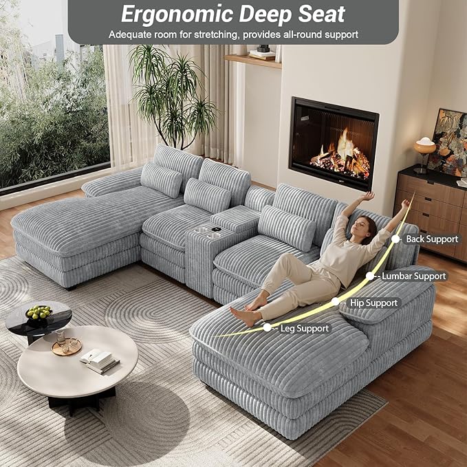 133" Oversized U Shaped Cloud Couch Modular Sectional Couches for Living Room Comfy Corduroy Deep Seat Sofa Set with Double Chaise Lounge, Storage Central Console, Cup Holders, USB Port, Grey