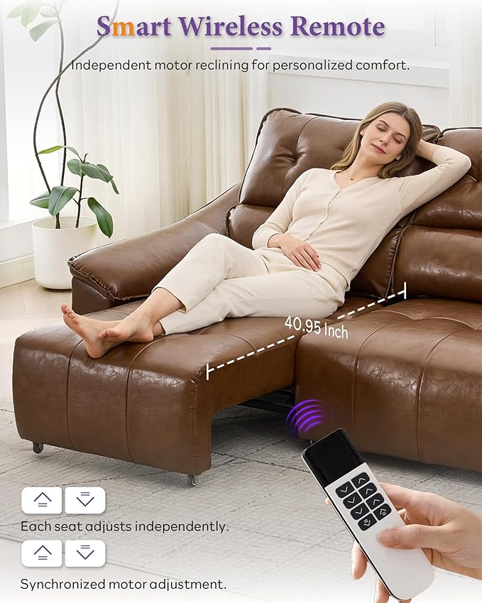TYBOATLE Electric Reclining Sectional Couch, Power Recliner Sofa w/USB & Type-C Charging Ports and Cup Holders, Leather Reclining Sofa for Living Room, Home Theater (Brown)