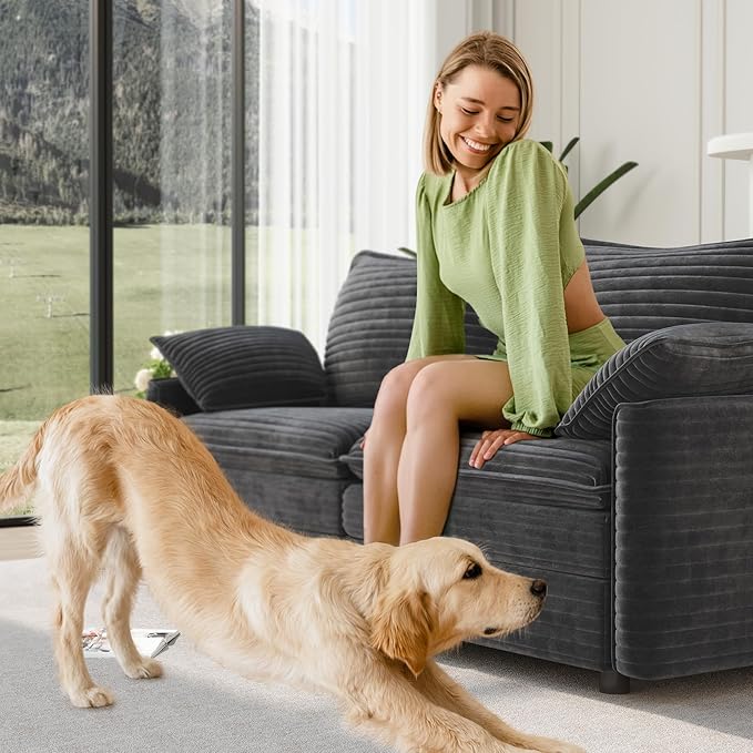 Vesgantti 74" Loveseat Sofa for Living Room, Comfy Cloud Couch Deep Seat Corduroy Modern 2 Seater Small Sofa with Armrest Pillow, Easy Assembly for Small Spaces, Gray | Sink-in Comfort, Height Adjustable, Easy Rearrangement, Extra-deep Ottoman, Solid W...