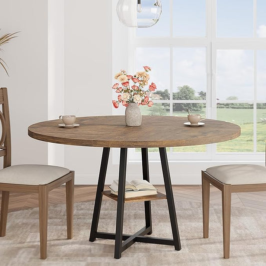 GAOMON 47" Round Dining Table for 4-6 People, Wooden Circle Kitchen Table with Storage Shelf, Industrial Dining Room Table for Kitchen, Dining Room, Save Space