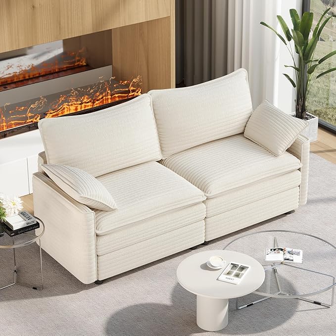Vesgantti 74" Loveseat Sofa for Living Room, Comfy Cloud Couch Deep Seat Corduroy Modern 2 Seater Small Sofa with Armrest Pillow, Easy Assembly for Small Spaces, Beige | Sink-in Comfort, Height Adjustable, Easy Rearrangement, Extra-deep Ottoman, Solid ...