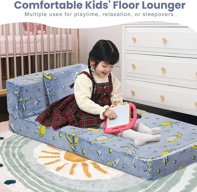 MeMoreCool Foldable Futon Chair Bed for Kids, Glow Tri-fold Sofa Bed Convertible Toddler Sofa Mattress, Foam Floor Couch for Sitting, Blue