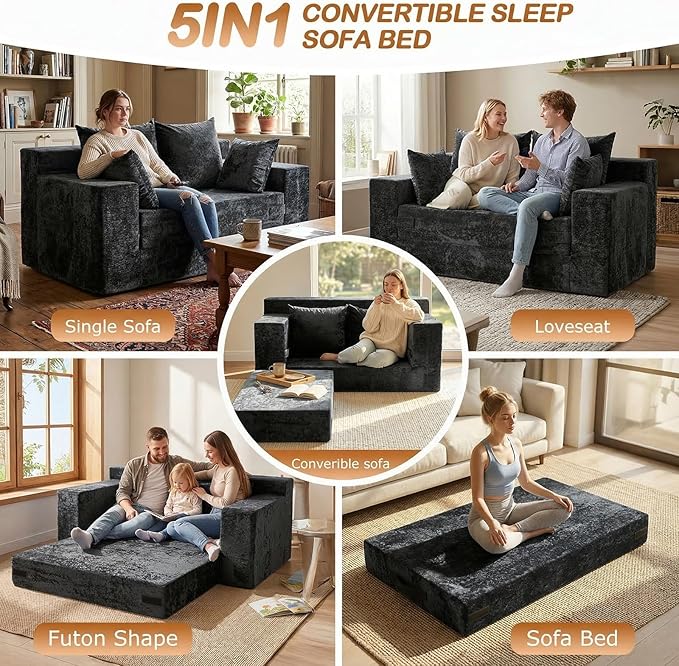 Convertible Sofa Bed, 5 in 1 Small Boneless Couch Pull Out Loveseat Sleeper Sofa,Corduroy Futon Couch Folding Mattress with 4 Pillows for Living Room (Black, Loveseat(Silky Velvet))