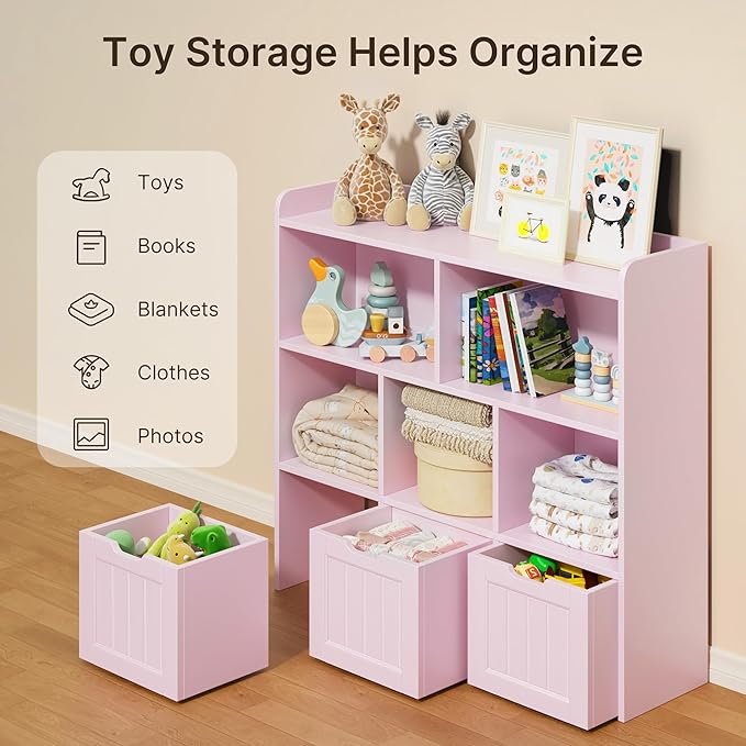 Gizoon Toy Storage Cabinet and Kids Bookcase with 3 Movable Drawers and 6 Open Shelves Featuring Fall Prevention Barrier for Playroom Nursery Kids Room Organization, Pink