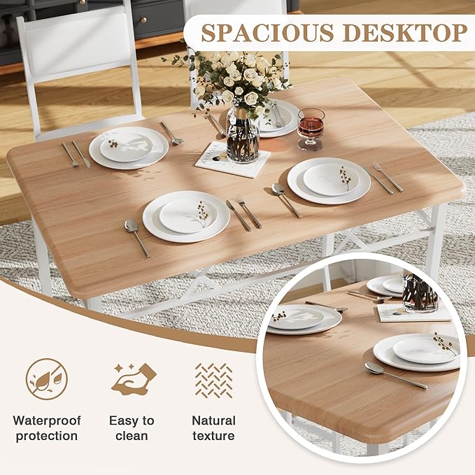 VECELO Dining Table Set for 4 with Chairs, 5-Piece Kitchen Table and Upholstered Padded Chairs Set for Small Space, Dining Room, Apartment, Natural Oak