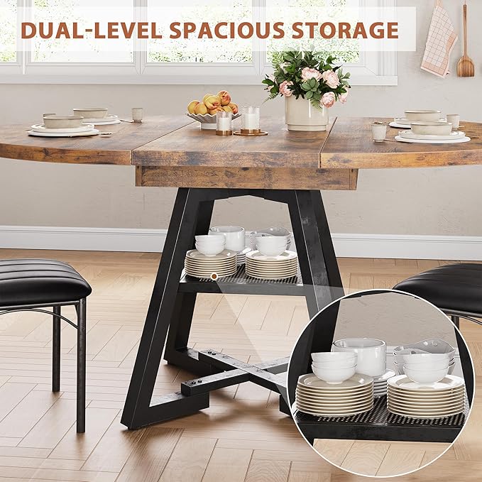 Round Dining Table Kitchen Dining Room Dinner Table for 4-6, Space Saving Extendable Oval Circle Furniture with Pedestal Base and Storage Shelf for Kitchen Living Room (Vintage, for 4-6)