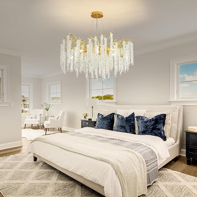 Modern Crystal Tree Branch Chandelier, Gold Round Art Deco Raindrop Lighting Fixture for Dining Room Bedroom Living Room 10 Lights D30''