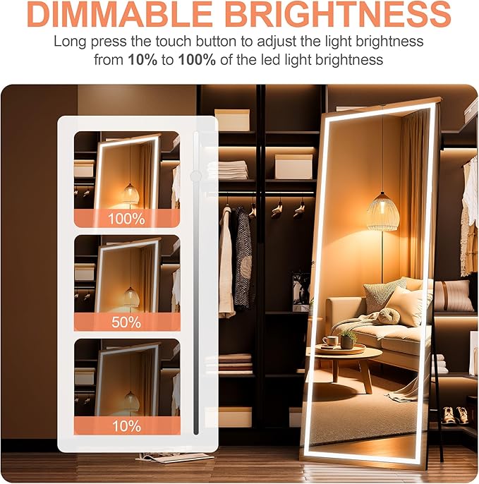 67" x 24" Full Length Mirror with Lights, LED Lighted Floor Standing Body Mirror, Dimmable & 3 Color Lighting for Bedroom, Cloakroom, Dressing Room, Tempered Glass, Black Frame