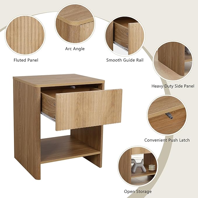Fluted 1 Drawer Small Dresser for Bedroom, Mid Century Modern Nightstand with Drawers, Low Bedside Table with Drawers, End Table Short Storage, Living Room, Dorm -Natural