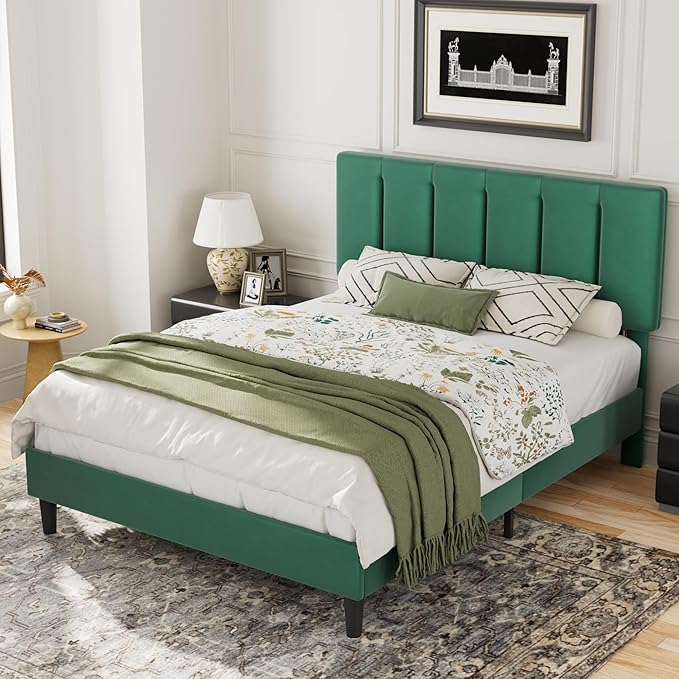 VECELO Full Size Bed Frame with Upholstered Headboard, Heavy-Duty Bedframe with Wooden Slats & Steel Framework, Easy Assembly, Dark Green