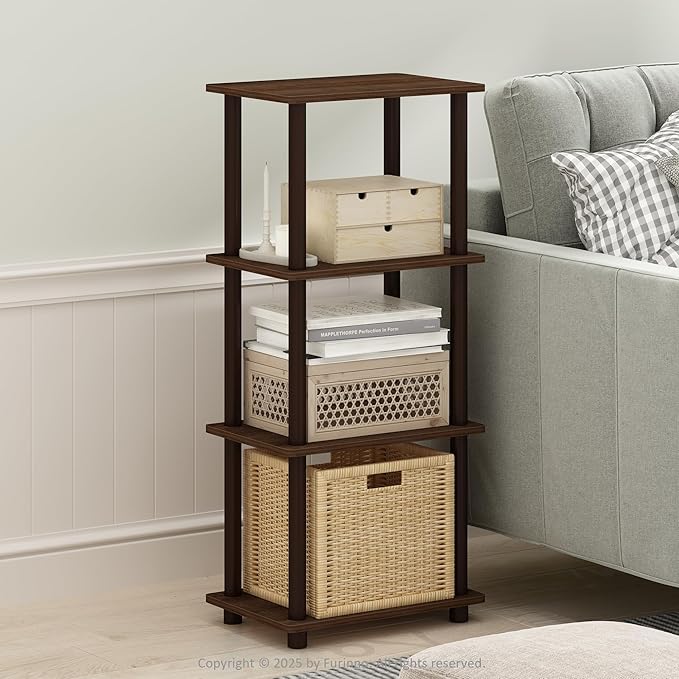 Furinno Turn-N-Tube Side Table, 3-Tier End Table with Open Shelf, Easy Assembly Night Stand, Bedside Table with Round Tube, for Living Room, Bedroom, Walnut